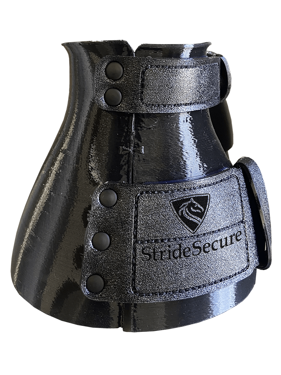 StrideSecure ShoeShield bell boot, showing the extended cuff, double Velcro straps, countersunk rivets and angled bell.